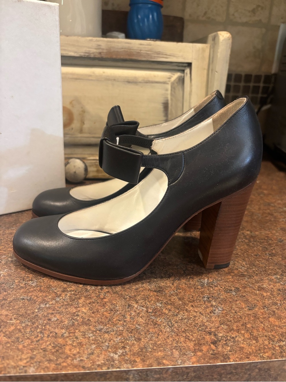 Celine Black Leather Mary Jane Block Heel Pumps